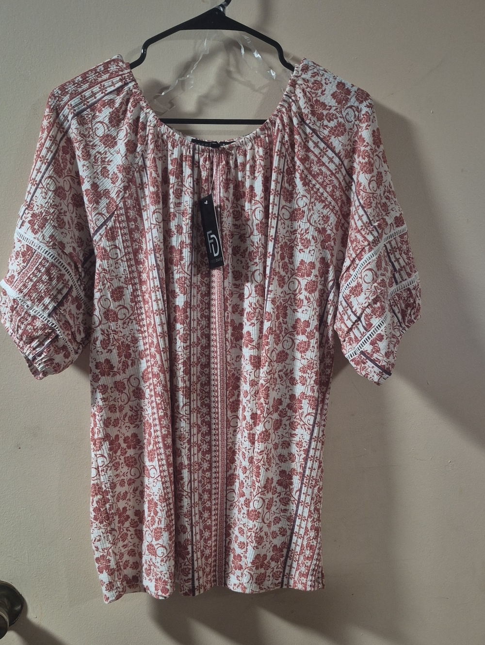 Fred David Cream and Rust Floral Peasant Top